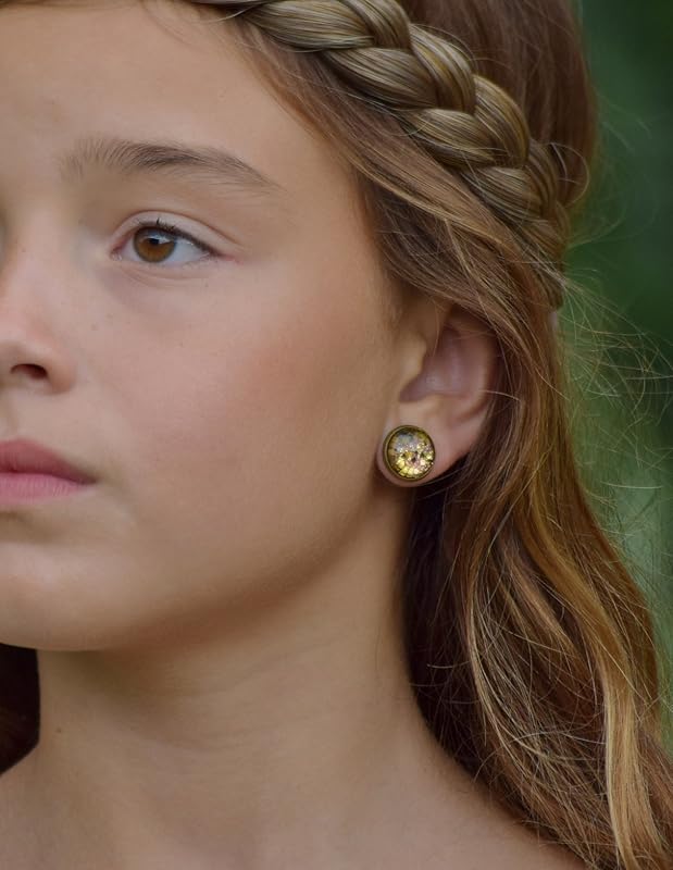Summerfield Collection Antiqued Gold-tone Black and Silver Glitter Glass Stud Earrings Hand-painted 12mm