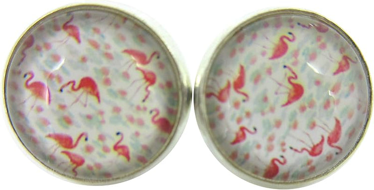 Summerfield Collection Silver-tone White Pink and Blue Flamingo Print Glass Stud Earrings 12mm