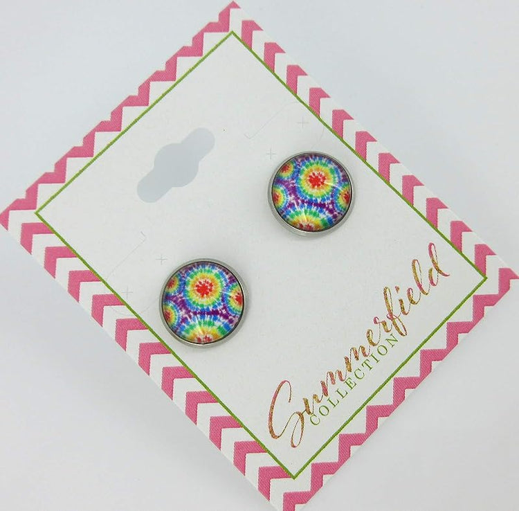 Summerfield Collection Stainless Steel Tie Dye Print Glass Stud Earrings 12mm (Rainbow)