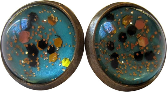 Summerfield Collection Antiqued Gold-tone Mint Green and Black Glitter Glass Stud Earrings Hand-painted 12mm