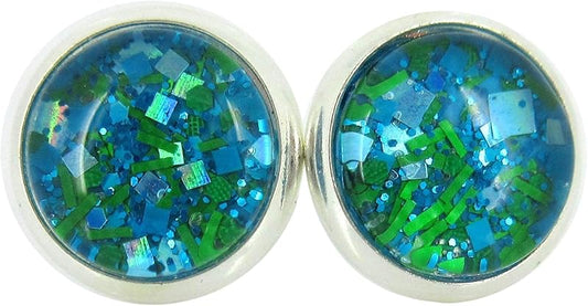 Summerfield Collection Silver-tone Aqua Blue and Green Glitter Glass Stud Earrings Hand-painted 10mm