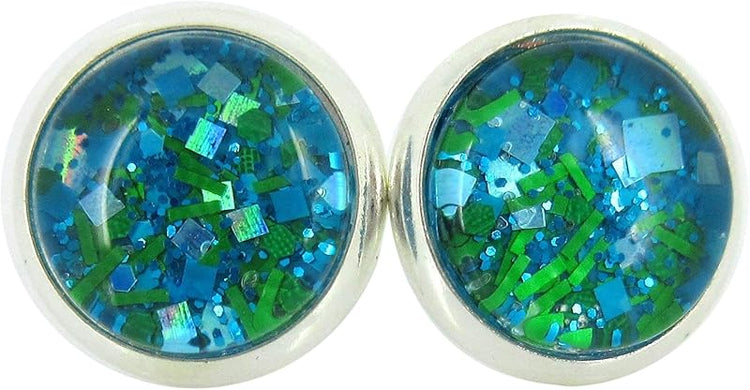 Summerfield Collection Silver-tone Aqua Blue and Green Glitter Glass Stud Earrings Hand-painted 10mm