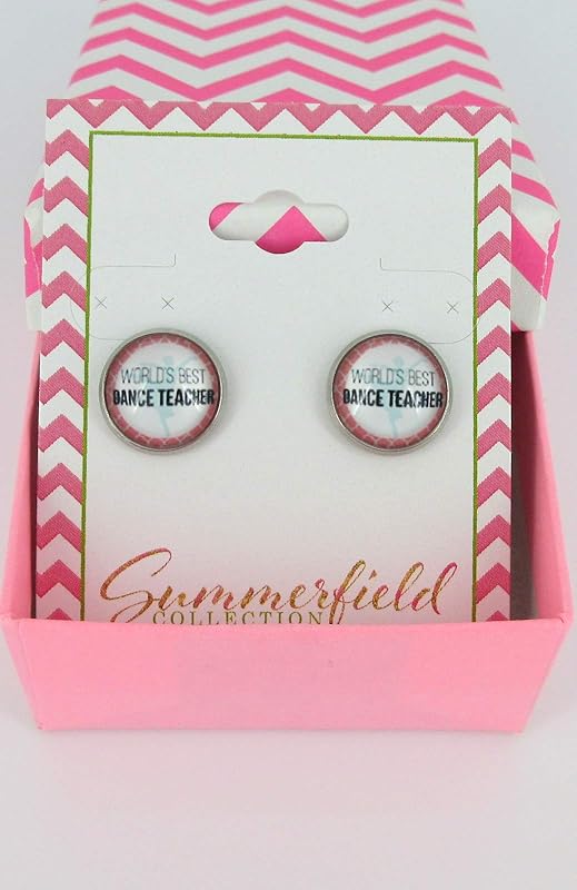 Summerfield Collection Stainless Steel Teacher Print Glass Stud Earrings 12mm (World's Best Dance Teacher)