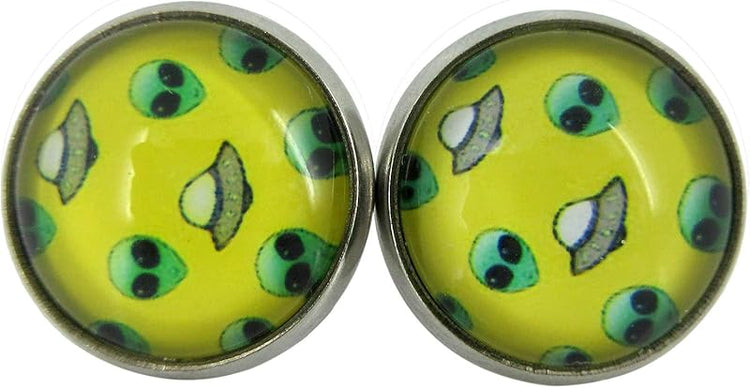 Summerfield Collection Stainless Steel Yellow and Neon Green Alien UFO Print Glass Stud Earrings 12mm