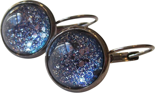 Summerfield Collection Hematite-tone Blue Silver Black Glitter Glass Galaxy Lever-back Drop Earrings Hand-painted