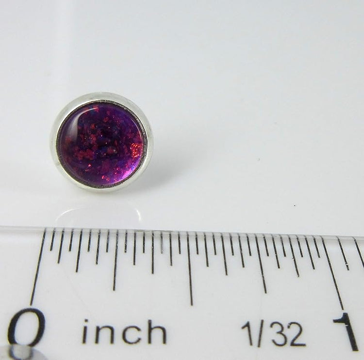 Summerfield Collection Silver-tone Electric Magenta Purple Glitter Glass Stud Earrings Hand-painted 8mm