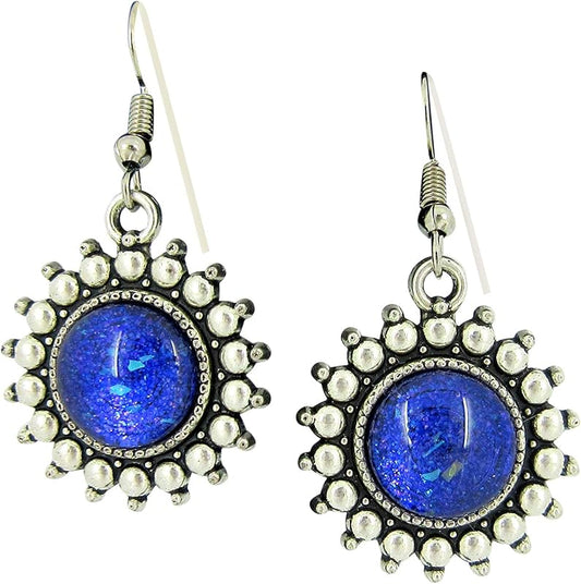 Summerfield Collection Antiqued Silver-tone Purple and Blue Glitter Glass Dangle Earrings Hand-painted