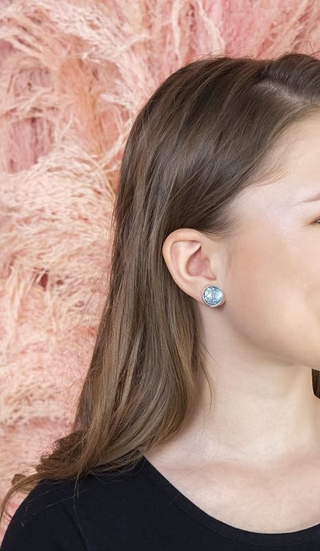Summerfield Collection Silver-tone Twinkle Glitter Glass Galaxy Stud Earrings Hand-painted 12mm (Teal Green/Blue)