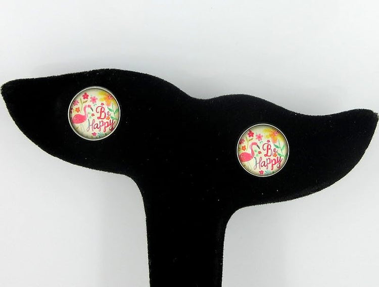 Summerfield Collection Stainless Steel Be Happy Flamingo Print Glass 12mm Stud Earrings