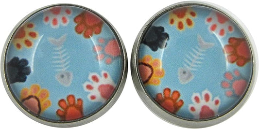 Summerfield Collection Stainless Steel Cat Paw Print Glass Stud Earrings 12mm (Sky Blue)