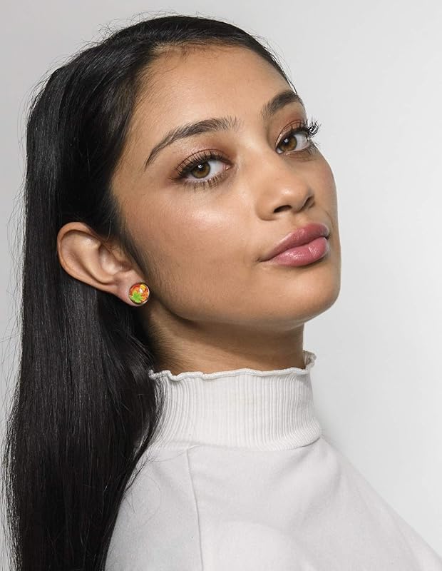 Summerfield Collection Stainless Steel Fall Leaves Green Orange Yellow Print Glass Stud Earrings 12mm