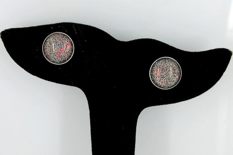 Summerfield Collection Stainless Steel Black with Holographic and Red Glitter Flakes Glass Stud Earrings Hand-painted 12mm