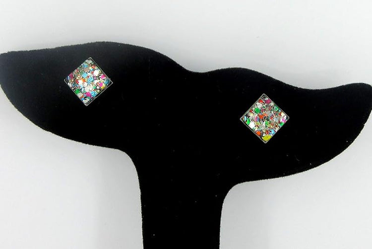 Summerfield Collection Stainless Steel Multi Color Party Confetti Glitter Glass Stud Earrings Hand-painted Square 8mm