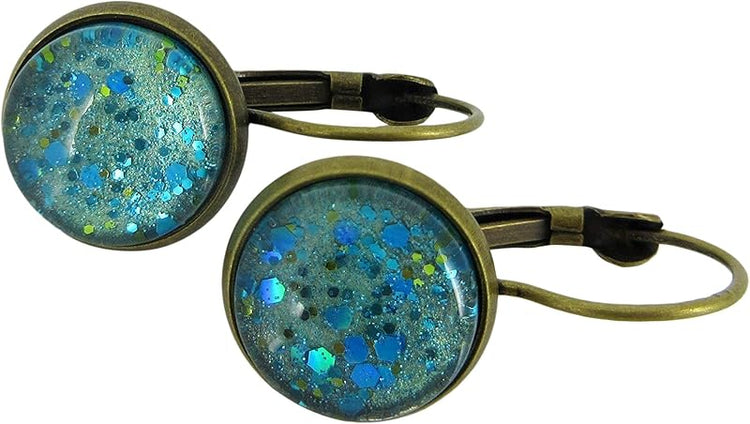 Summerfield Collection Antiqued Gold-tone Seafoam Green and Blue Glitter Glass Lever-back Drop Earrings Hand-painted