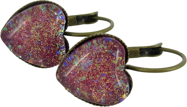 Summerfield Collection Antiqued Gold-tone Berry Iridescent Glitter Glass Heart Drop Earrings Hand-painted