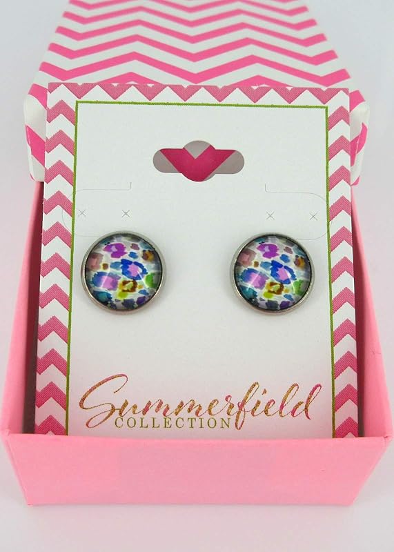 Summerfield Collection Stainless Steel Colorful Watercolor Animal Print Glass Stud Earrings 12mm