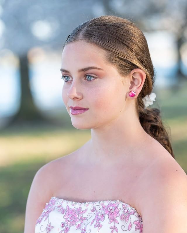 Summerfield Collection Silver-tone Pink and Gold Shimmer Glitter Glass Stud Earrings Hand-painted 12mm