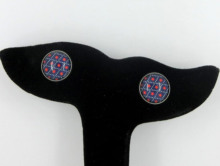 Stainless Steel Patriotic Stars Print Glass Stud Earrings 12mm (Navy Blue)