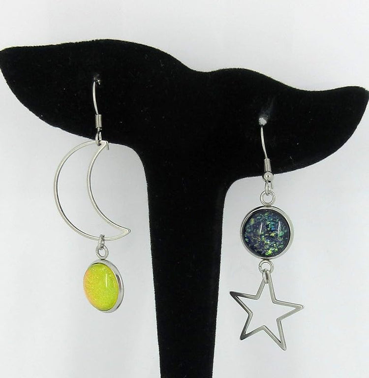 Summerfield Collection Stainless Steel Mismatch Glitter Glass Moon and Star Charm Dangle Earrings