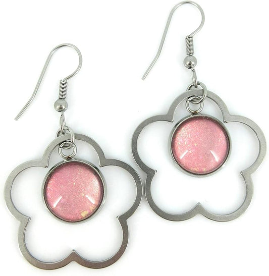Summerfield Collection Stainless Steel Pink and Iridescent Glitter Flake Glass Flower Charm Dangle Earrings Handpainted