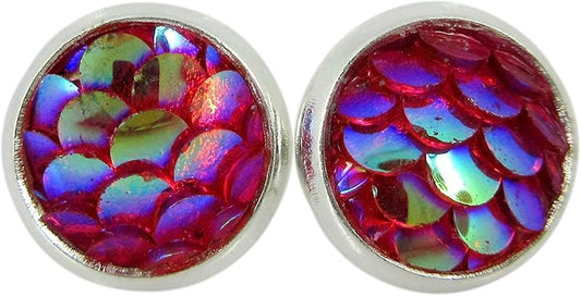 Summerfield Collection Silver-tone Metallic Mermaid Scale Stud Earrings 8mm (Hot Pink)
