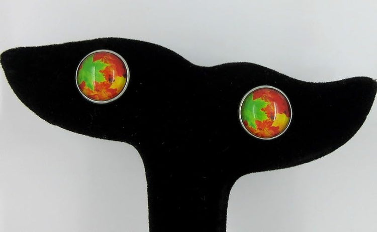 Summerfield Collection Stainless Steel Fall Leaves Green Orange Yellow Print Glass Stud Earrings 12mm