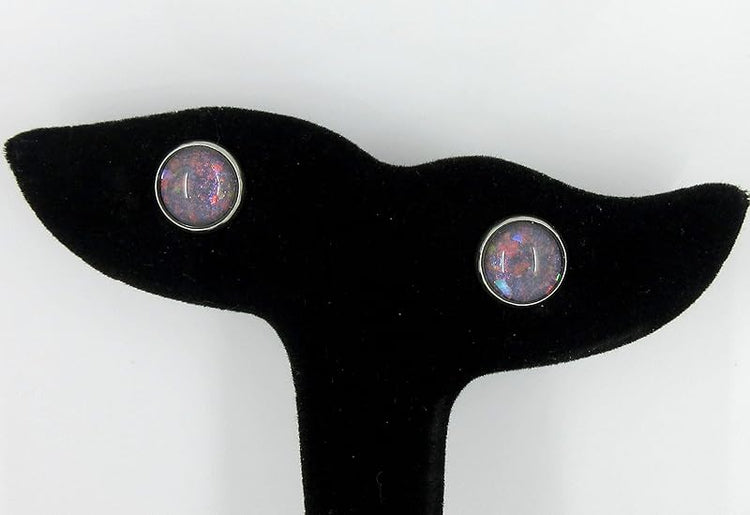 Summerfield Collection Stainless Steel Charcoal Gray and Rainbow Glitter Flake Glass Stud Earrings Hand-painted 10mm