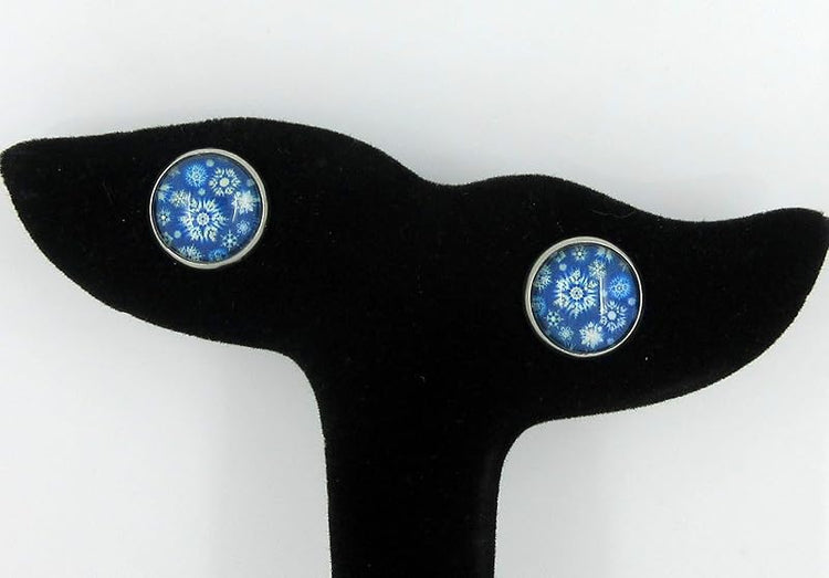 Summerfield Collection Stainless Steel Snowflake Print Glass Stud Earrings 12mm