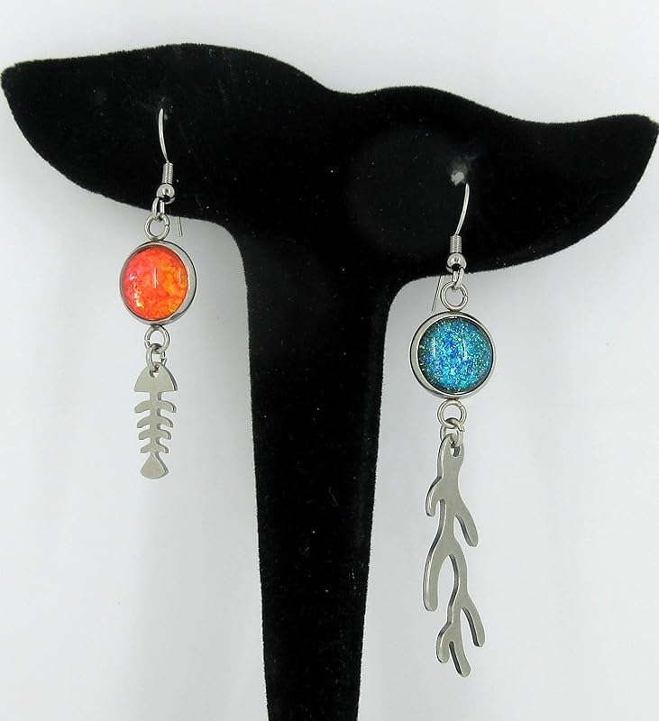 Summerfield Collection Stainless Steel Mismatch Glitter Glass Fish and Coral Charm Dangle Earrings Handpainted Ocean Theme