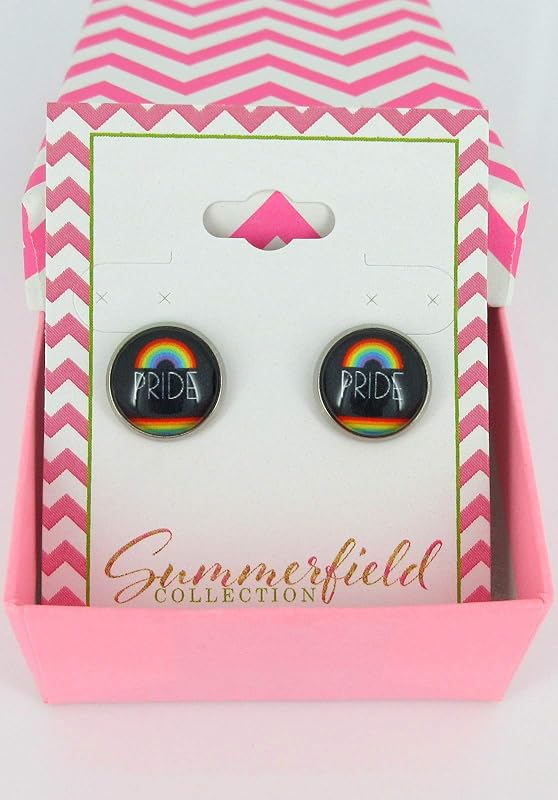 Summerfield Collection Stainless Steel Rainbow Pride Print Glass Stud Earrings 12mm Black