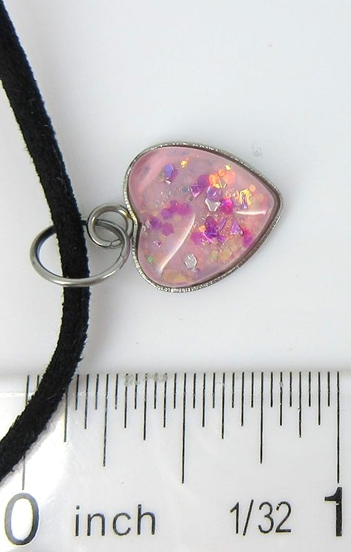Summerfield Collection Ballet Pink Hand-painted Glass Heart Choker Necklace Faux Black Suede Cord Dangle Earrings Set