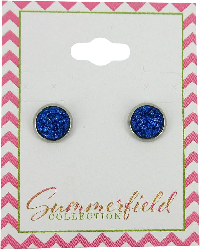 Summerfield Collection Stainless Steel Glitter Faux Druzy Stone Stud Earrings 8mm (Royal Blue)