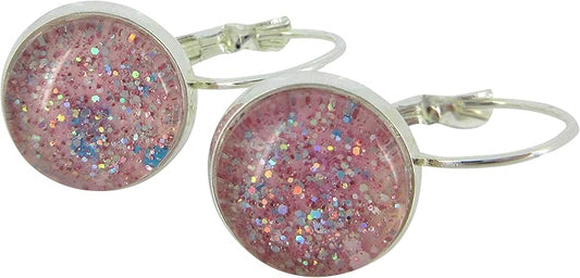 Summerfield Collection Silver-tone Pink Glitter Glass Galaxy Drop Earrings Leverback Hand-painted