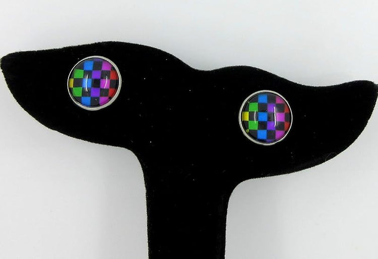 Summerfield Collection Stainless Steel Checkerboard Print Glass Stud Earrings 12mm (Rainbow)