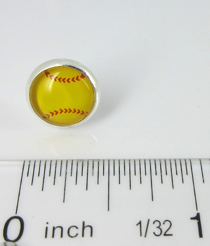 Summerfield Collection Silver-tone Yellow Softball Print Glass Stud Earrings 10mm