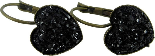 Summerfield Collection Antiqued Gold-tone Black Heart Faux Druzy Stone Lever-back Drop Earrings 12mm