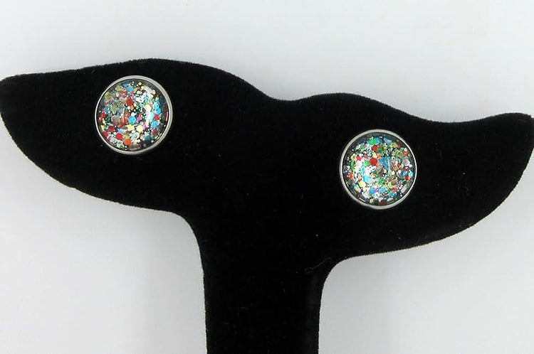 Summerfield Collection Stainless Steel Multi Color Party Confetti Glitter Glass Stud Earrings Hand-painted 12mm