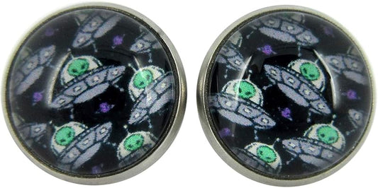 Summerfield Collection Stainless Steel Neon Green Black Silver White Alien UFO Print Glass Stud Earrings 12mm