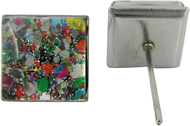 Summerfield Collection Stainless Steel Multi Color Party Confetti Glitter Glass Stud Earrings Hand-painted Square 8mm