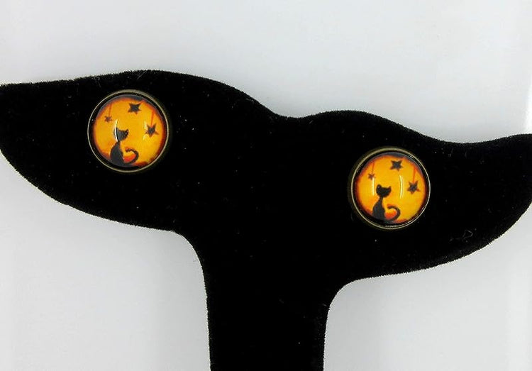 Summerfield Collection Antiqued Gold-tone Orange and Black Halloween Cat Print Glass Stud Earrings 12mm