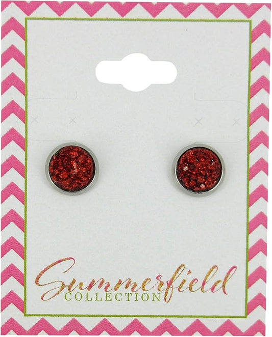Summerfield Collection Stainless Steel Glitter Faux Druzy Stone Stud Earrings 8mm (Red)