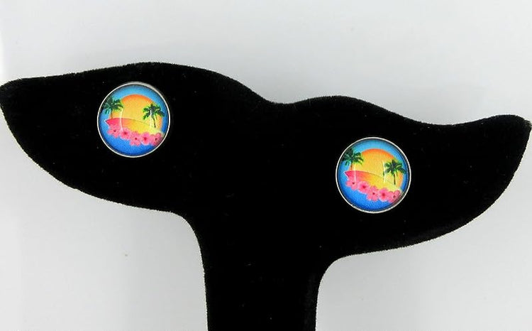 Summerfield Collection Stainless Steel Retro Tropical Sunset Palm Tree Print Glass Stud Earrings 12mm Hibiscus Flower
