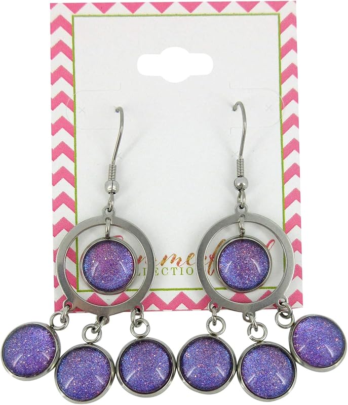 Summerfield Collection Stainless Steel Colorshifting Glitter Glass Chandelier Dangle Earrings Handpainted (Purple)
