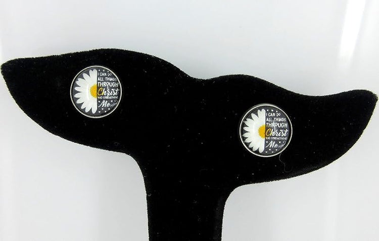 Summerfield Collection Stainless Steel I Can Do All Things Through Christ Print Glass Stud Earrings 12mm Daisy
