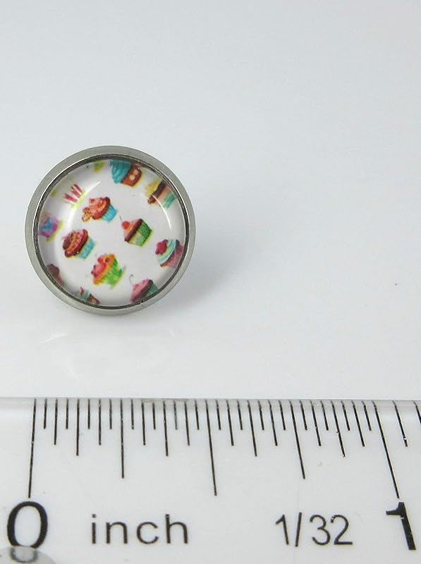 Summerfield Collection Duo Stud Earrings Stainless Steel Happy Birthday and Cupcake Print Glass 12mm Set
