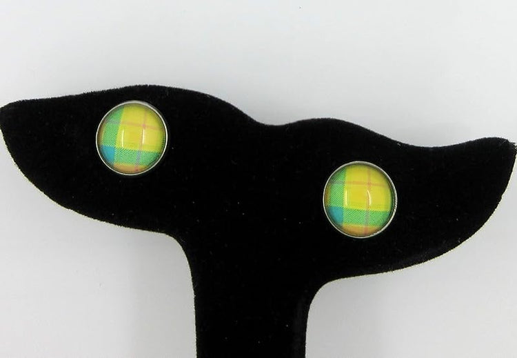 Summerfield Collection Stainless Steel Duo Stud Earrings Plaid Print Glass 12mm Set (Pastel)