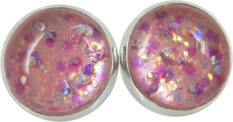Summerfield Collection Silver-tone Pink and Purple Iridescent Glitter Glass Stud Earrings Hand-painted 12mm