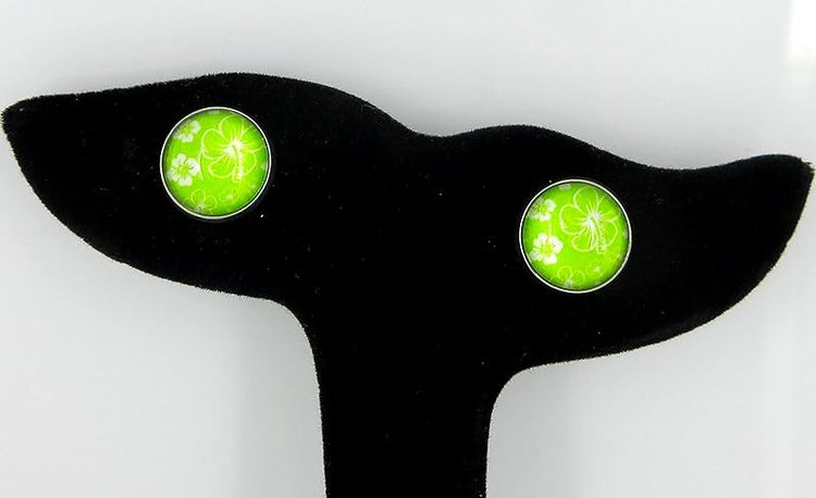 Summerfield Collection Stainless Steel Hibiscus Flower Print Glass Stud Earrings 12mm Hawaiian (Lime Green)
