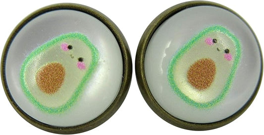 Summerfield Collection Antiqued Gold-tone Fruit Print Frosted Resin Stud Earrings 12mm (Avocado Face)