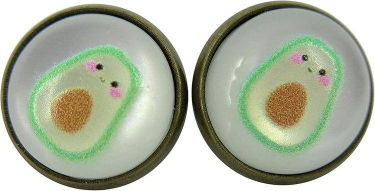 Summerfield Collection Antiqued Gold-tone Fruit Print Frosted Resin Stud Earrings 12mm (Avocado Face)